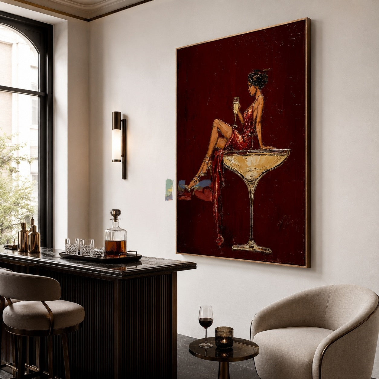 Crimson Martini Muse – Contemporary Figure Wall Art