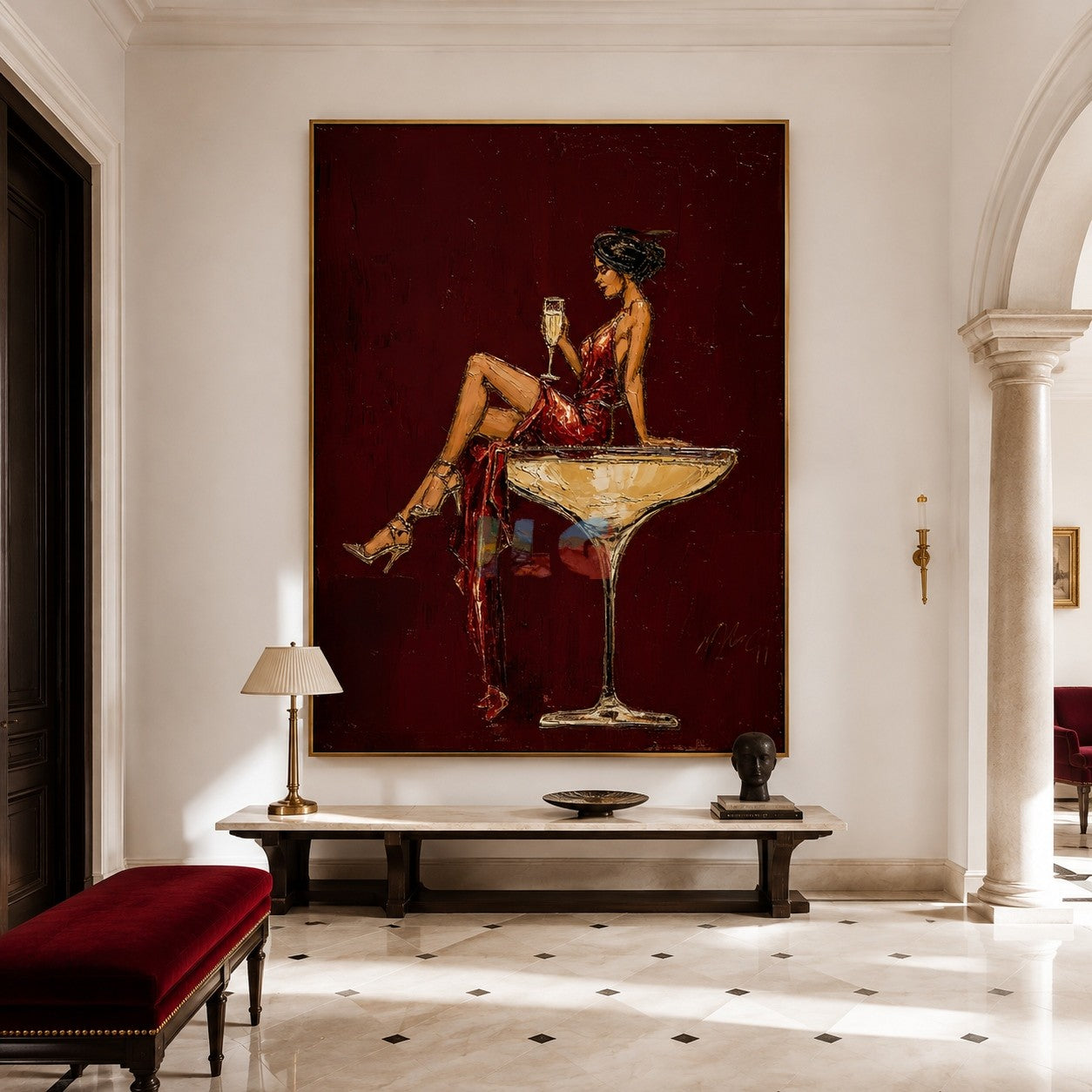 Crimson Martini Muse – Contemporary Figure Wall Art