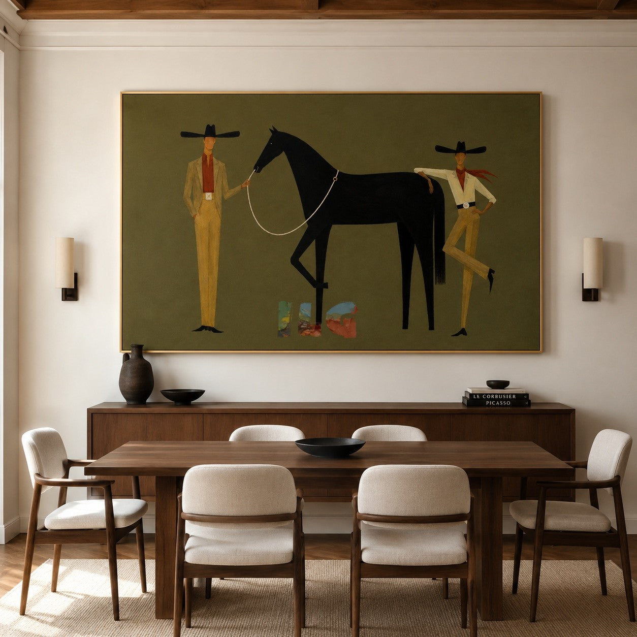Olive Western Horse Scene – Contemporary Wall Art