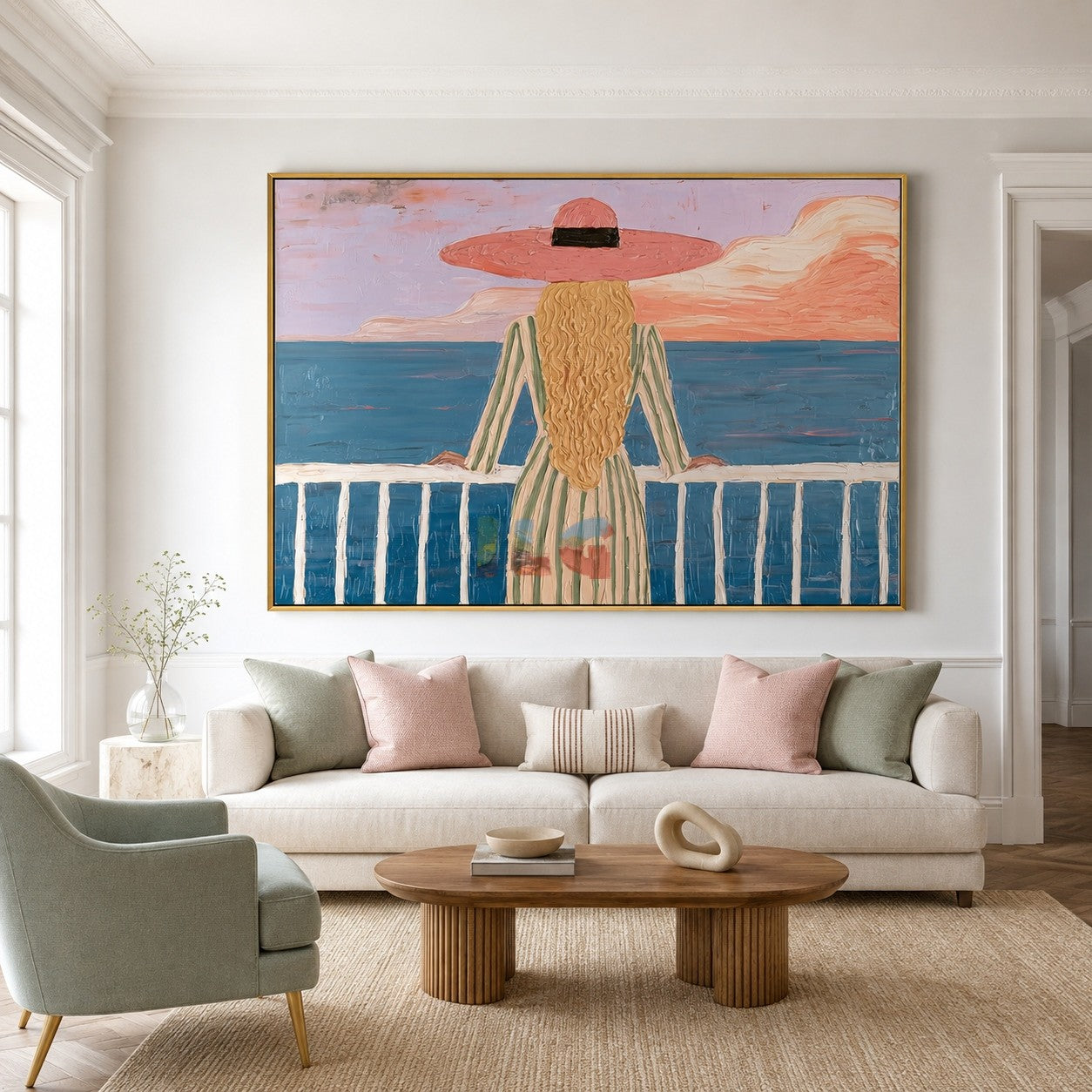 Pink Horizon Balcony – Coastal Figure Wall Art