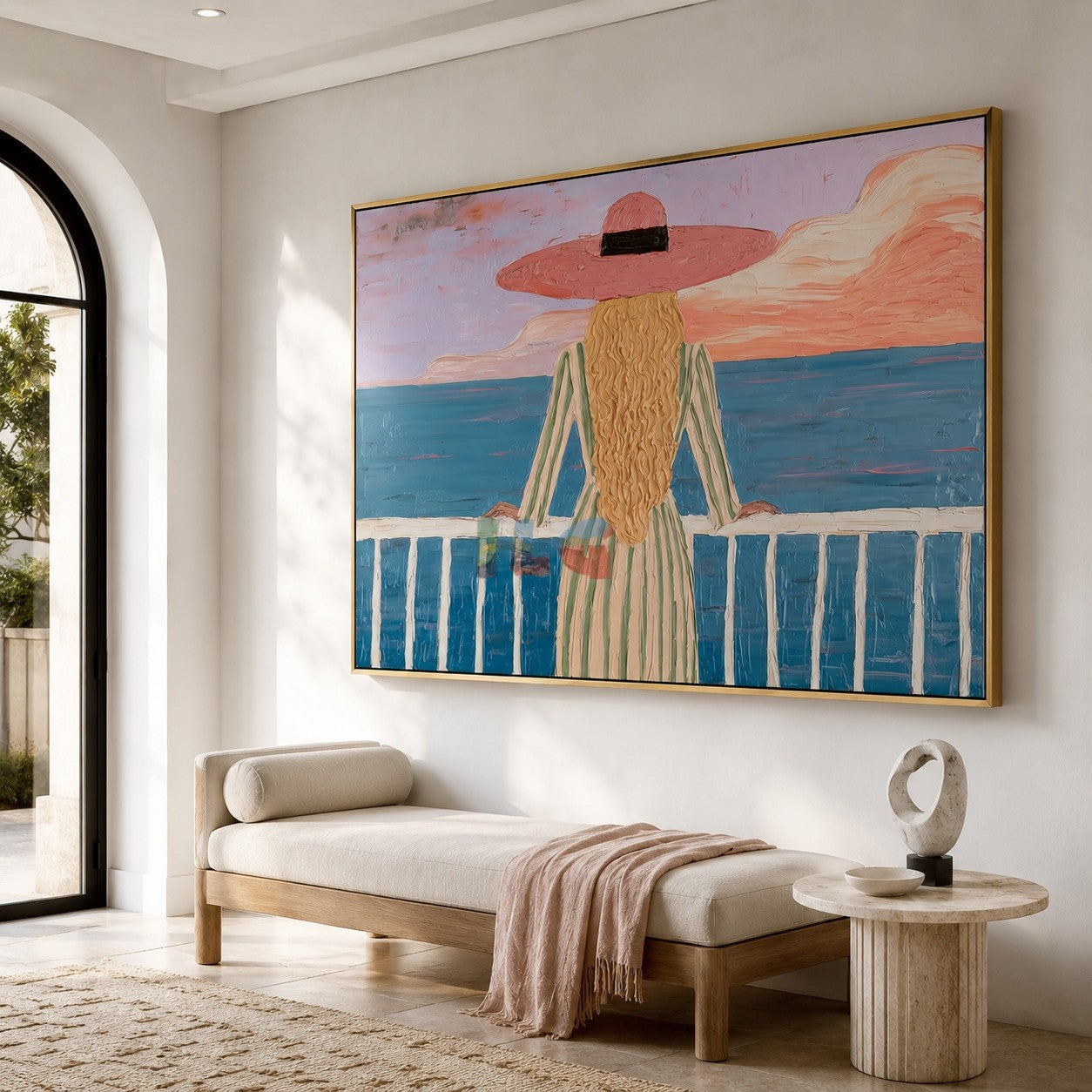 Pink Horizon Balcony – Coastal Figure Wall Art