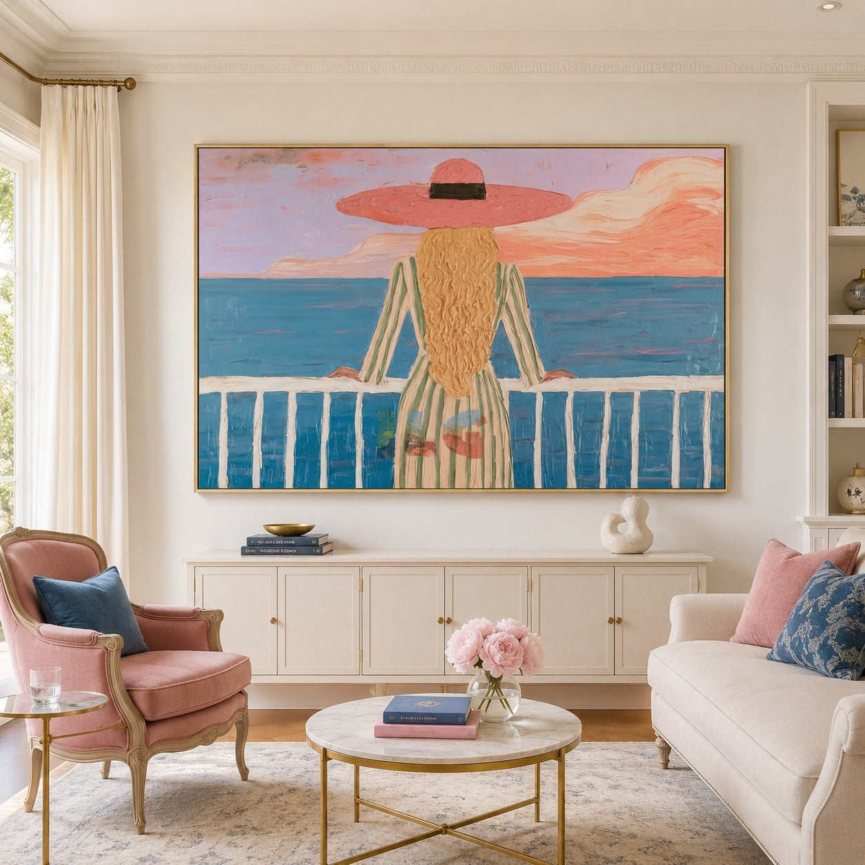 Pink Horizon Balcony – Coastal Figure Wall Art