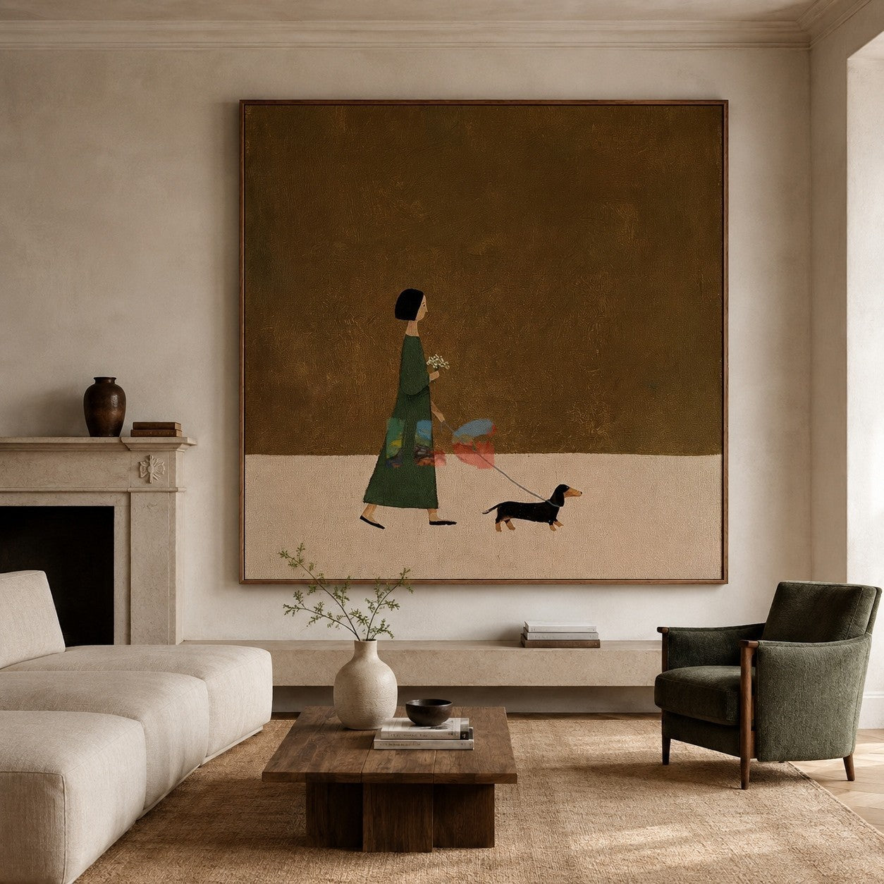A Gentle Day Outside – Minimalist Figure and Dog Wall Art