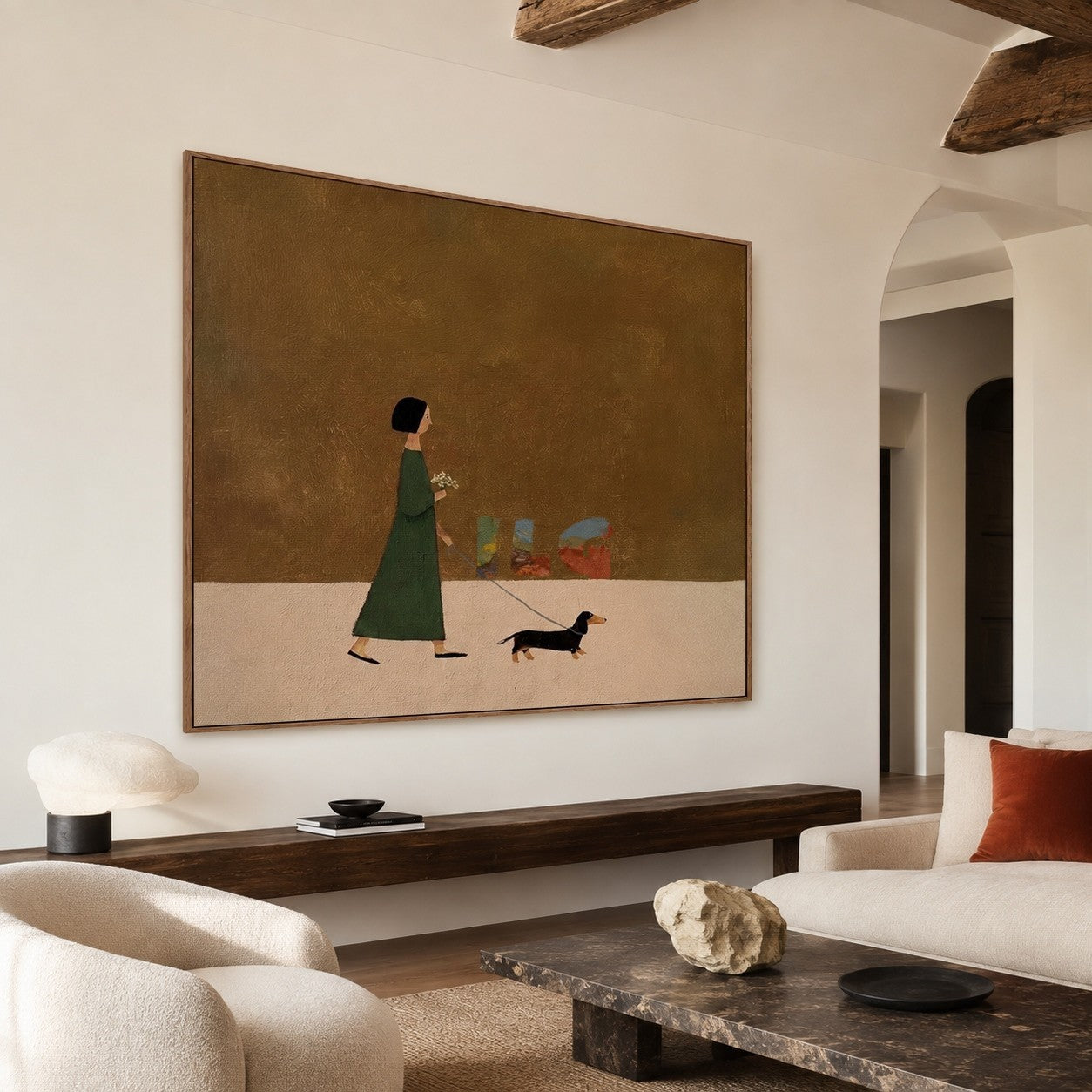 A Gentle Day Outside – Minimalist Figure and Dog Wall Art
