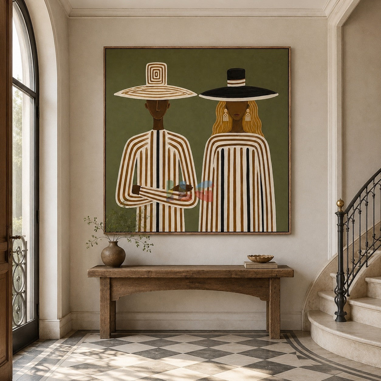 Olive Striped Companions – Contemporary Figurative Wall Art