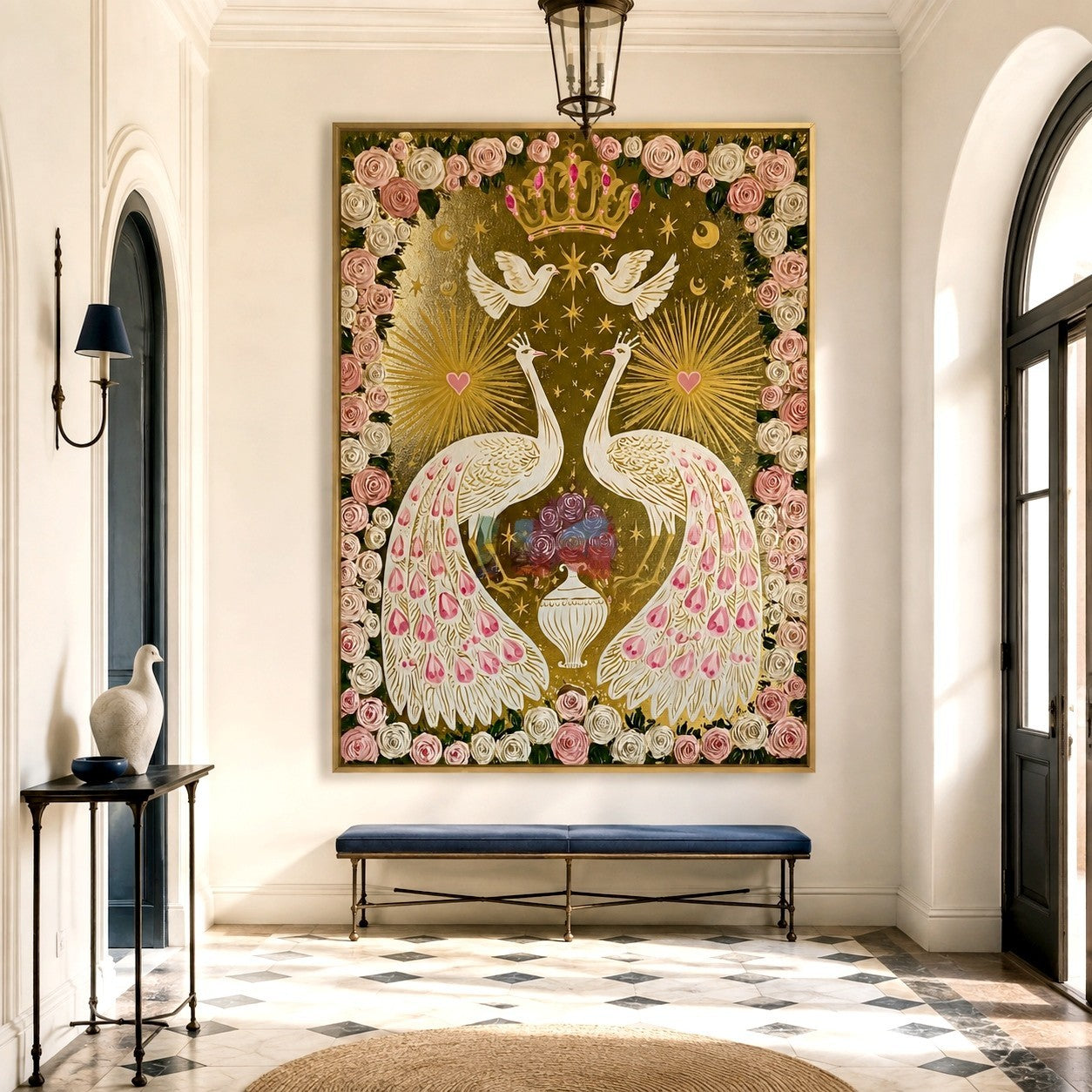 Crowned Peacock Romance – Ornate Floral Bird Wall Art