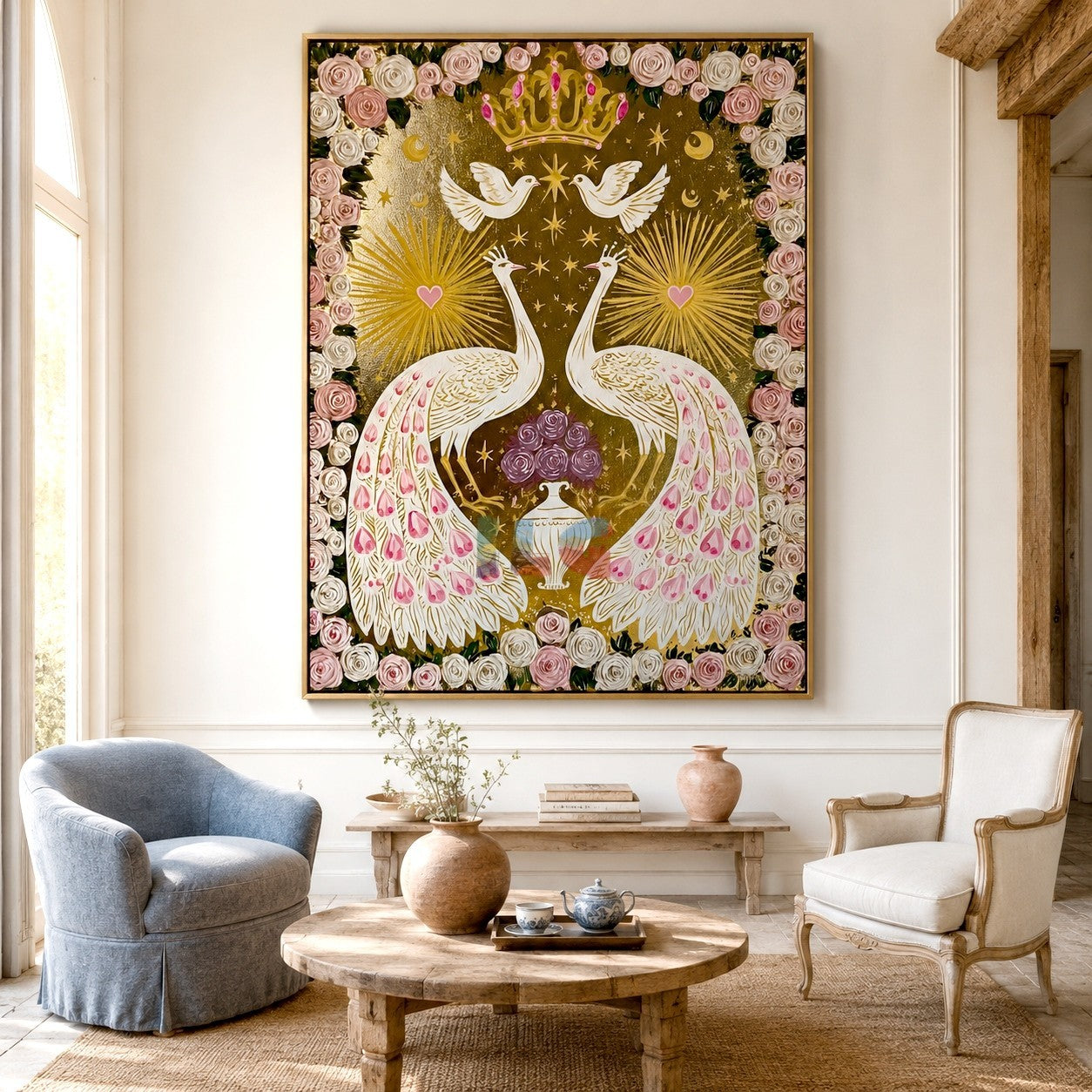 Crowned Peacock Romance – Ornate Floral Bird Wall Art