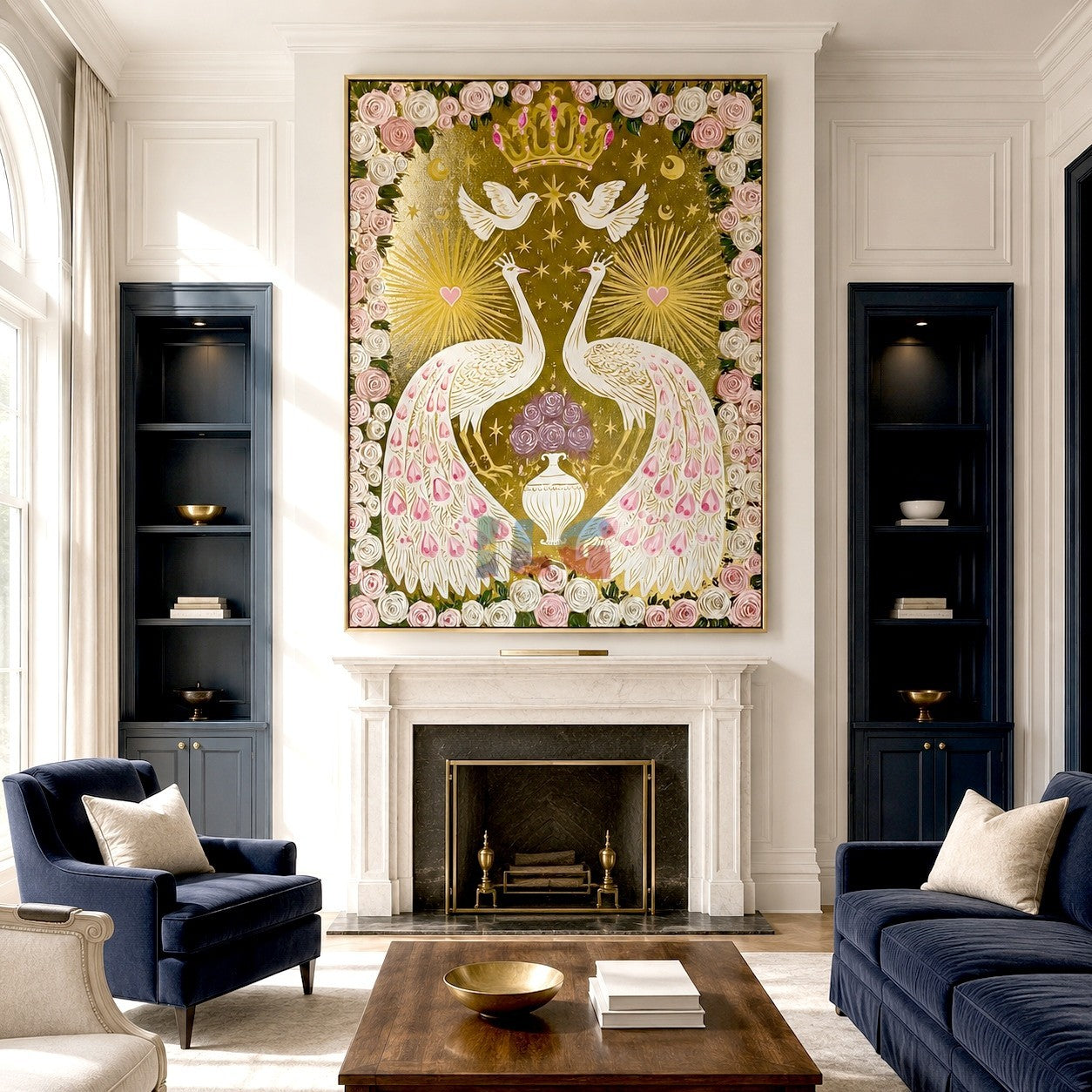 Crowned Peacock Romance – Ornate Floral Bird Wall Art