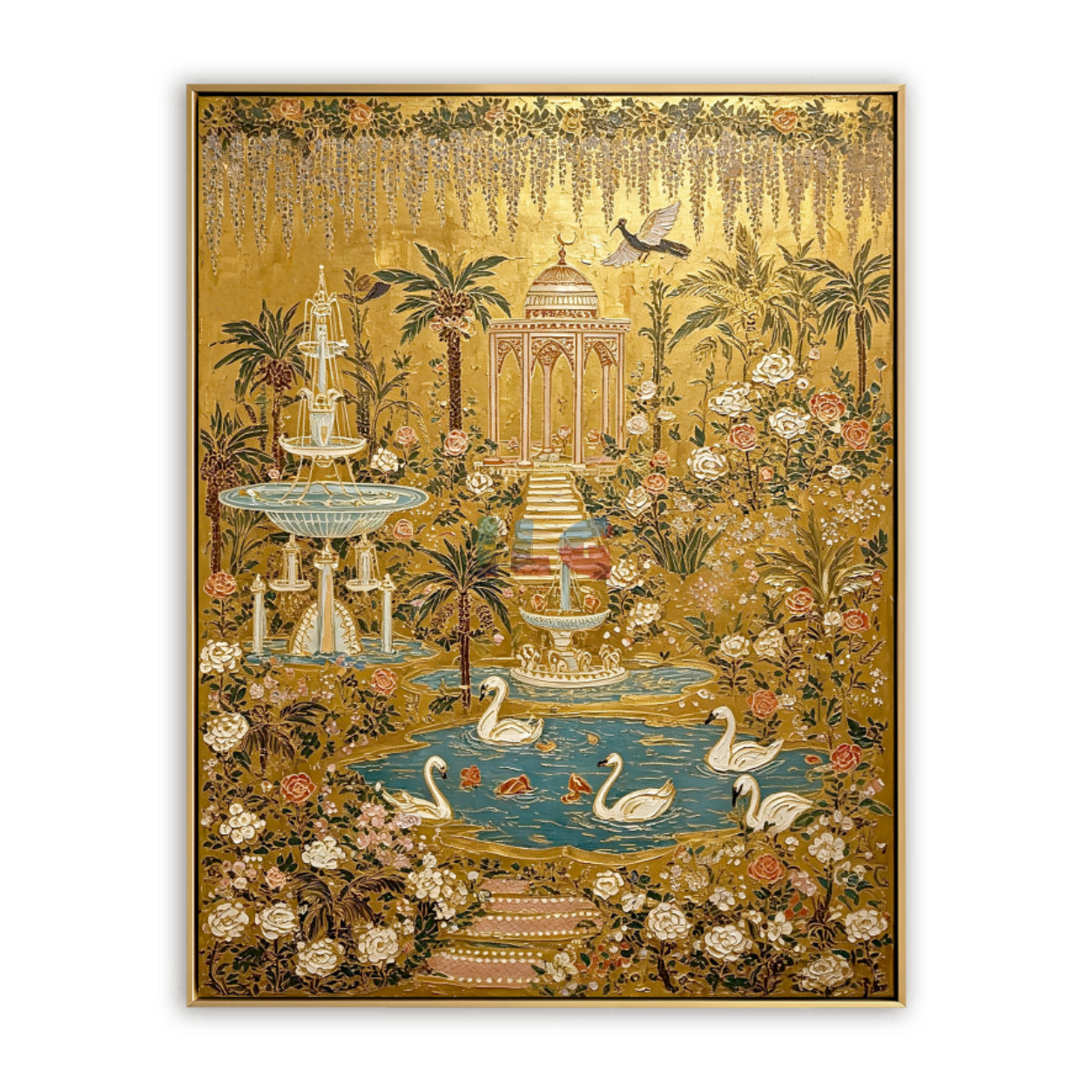 Golden Swan Palace Garden – Ornate Botanical Wall Art
