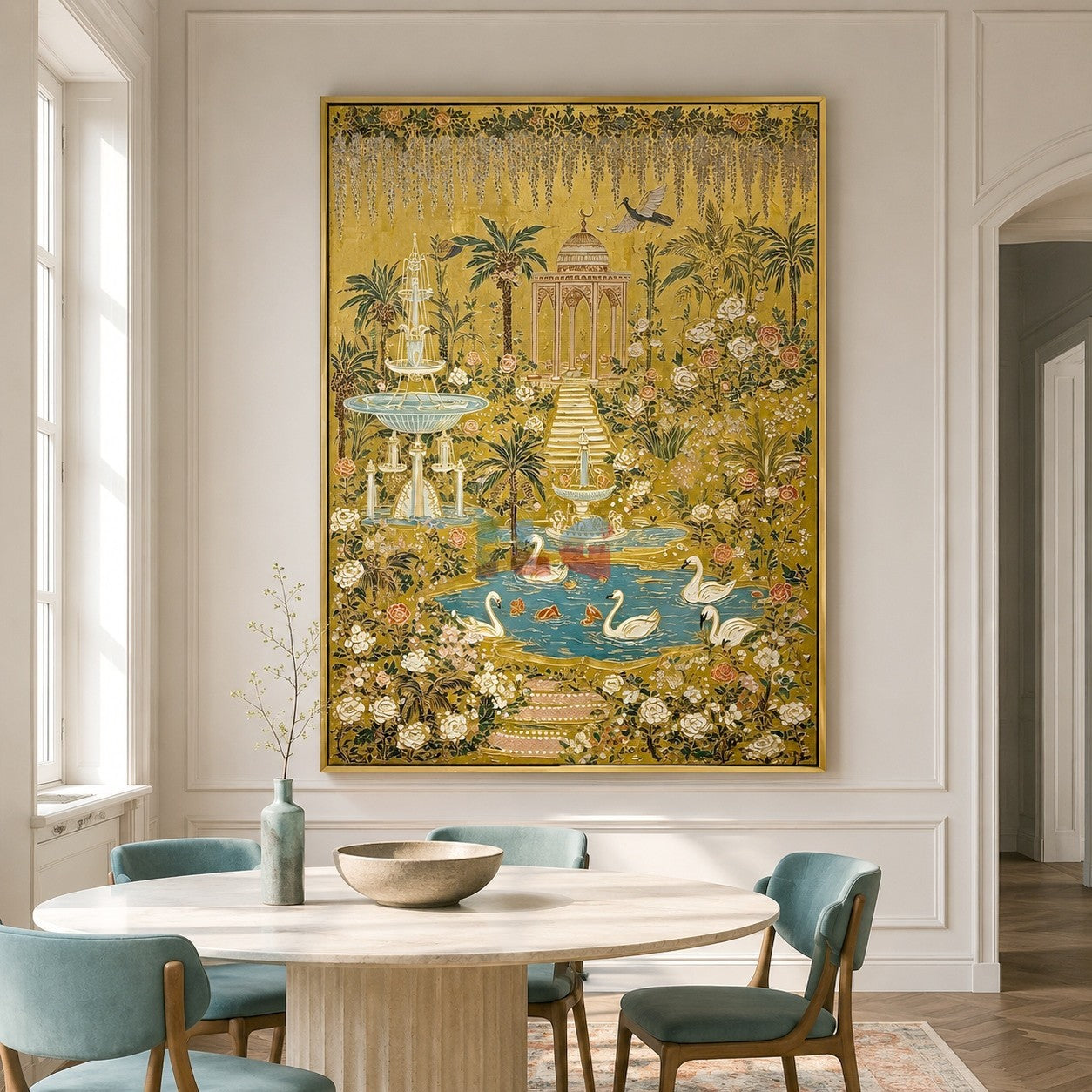 Golden Swan Palace Garden – Ornate Botanical Wall Art