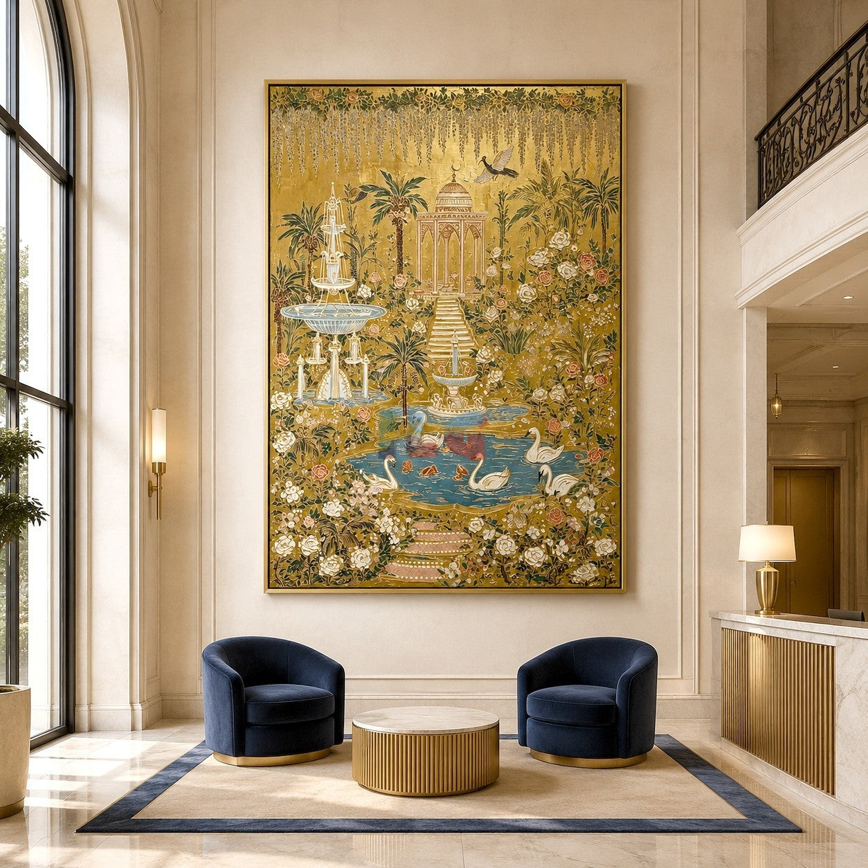 Golden Swan Palace Garden – Ornate Botanical Wall Art