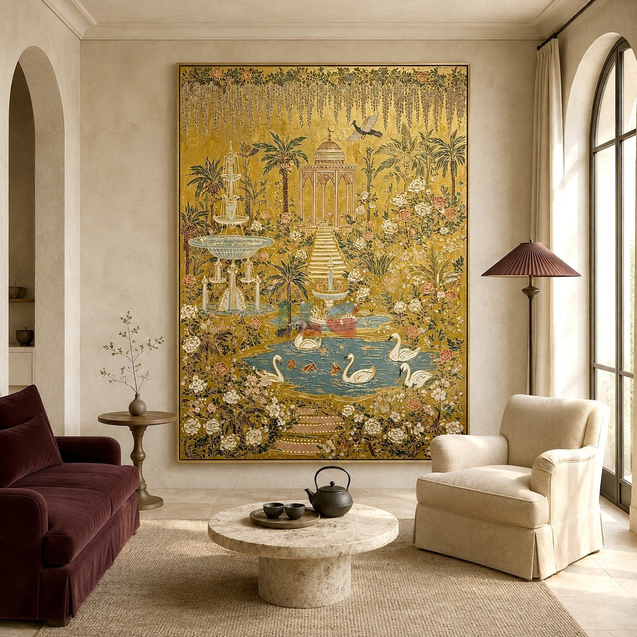 Golden Swan Palace Garden – Ornate Botanical Wall Art