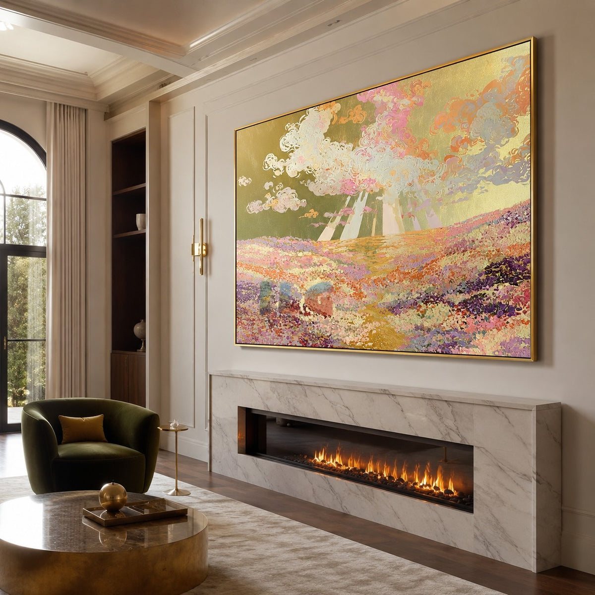Sunburst Blossom Valley – Colorful Floral Landscape Wall Art