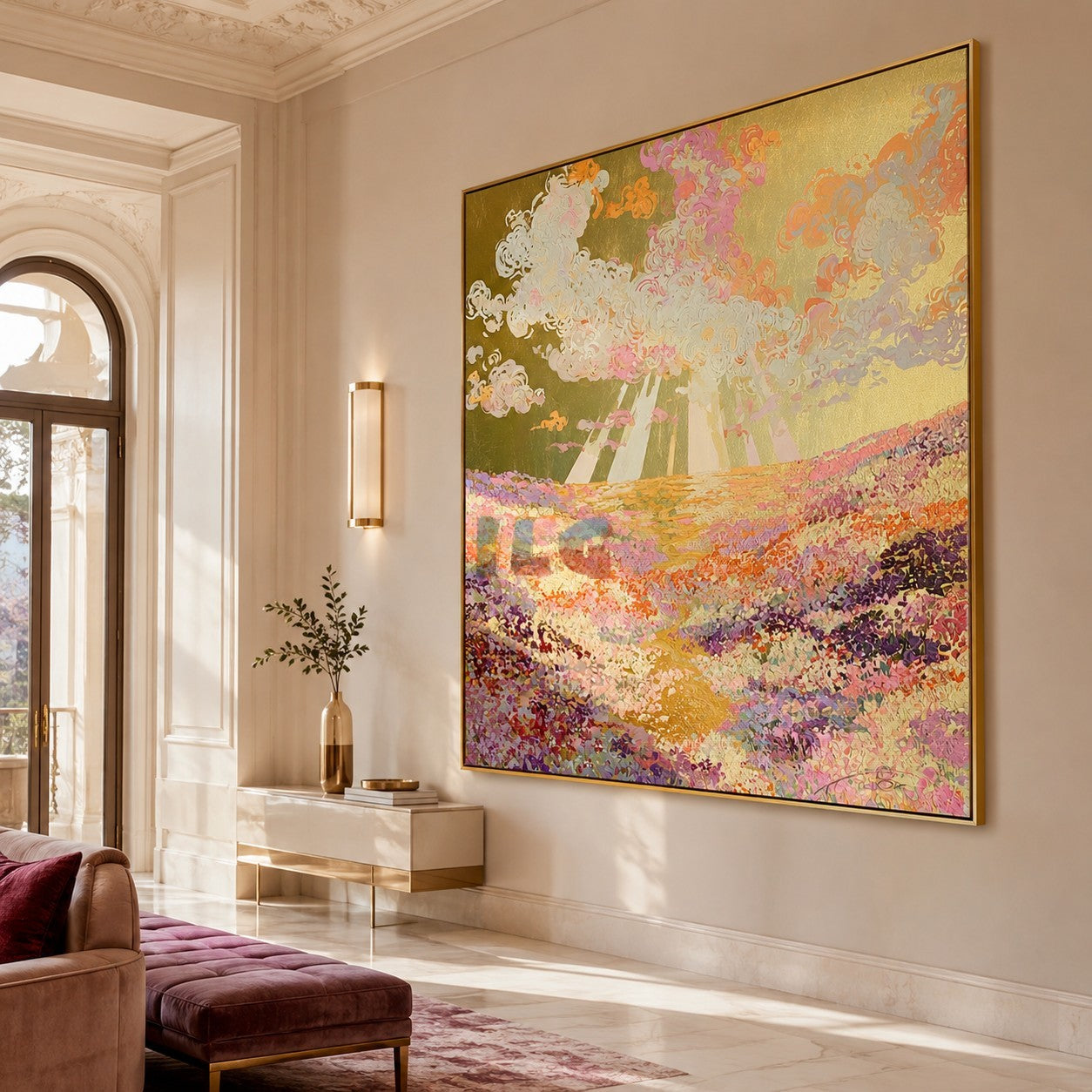 Sunburst Blossom Valley – Colorful Floral Landscape Wall Art