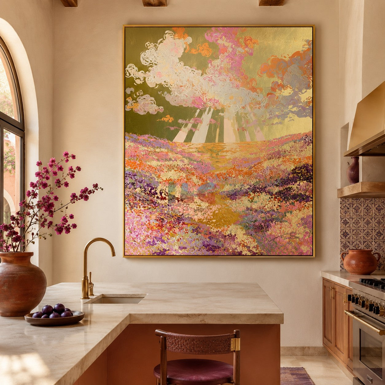 Sunburst Blossom Valley – Colorful Floral Landscape Wall Art