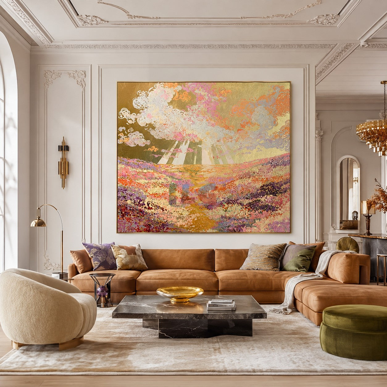 Sunburst Blossom Valley – Colorful Floral Landscape Wall Art