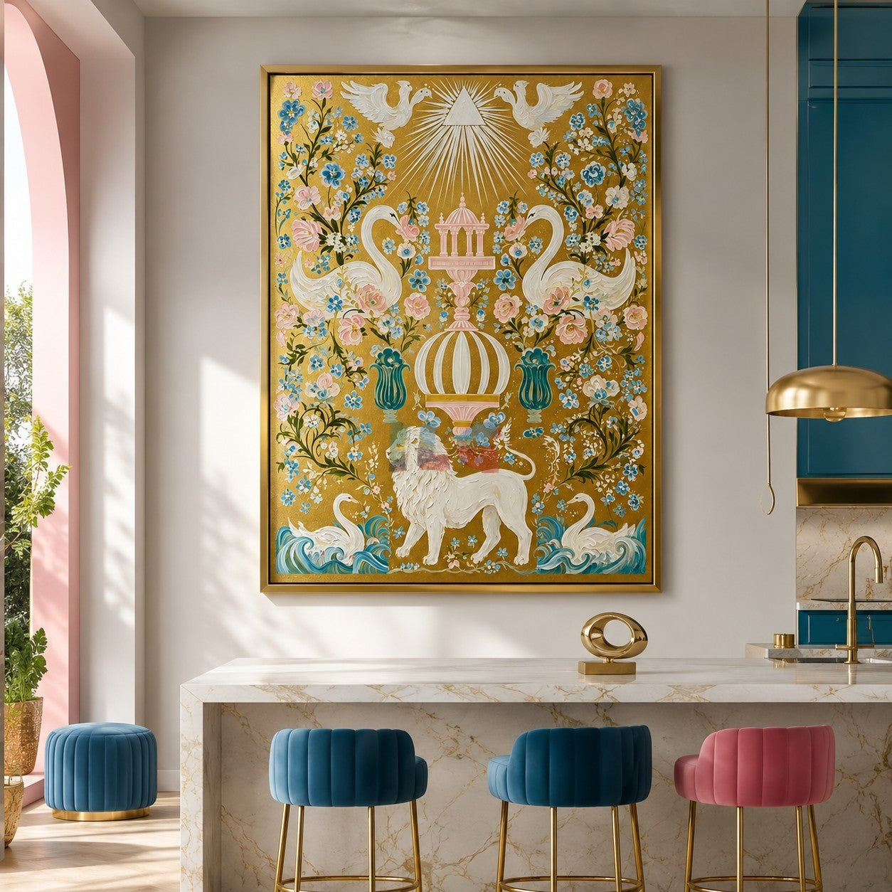 Celestial Swan Eden – Ornate Gold Botanical Wall Art