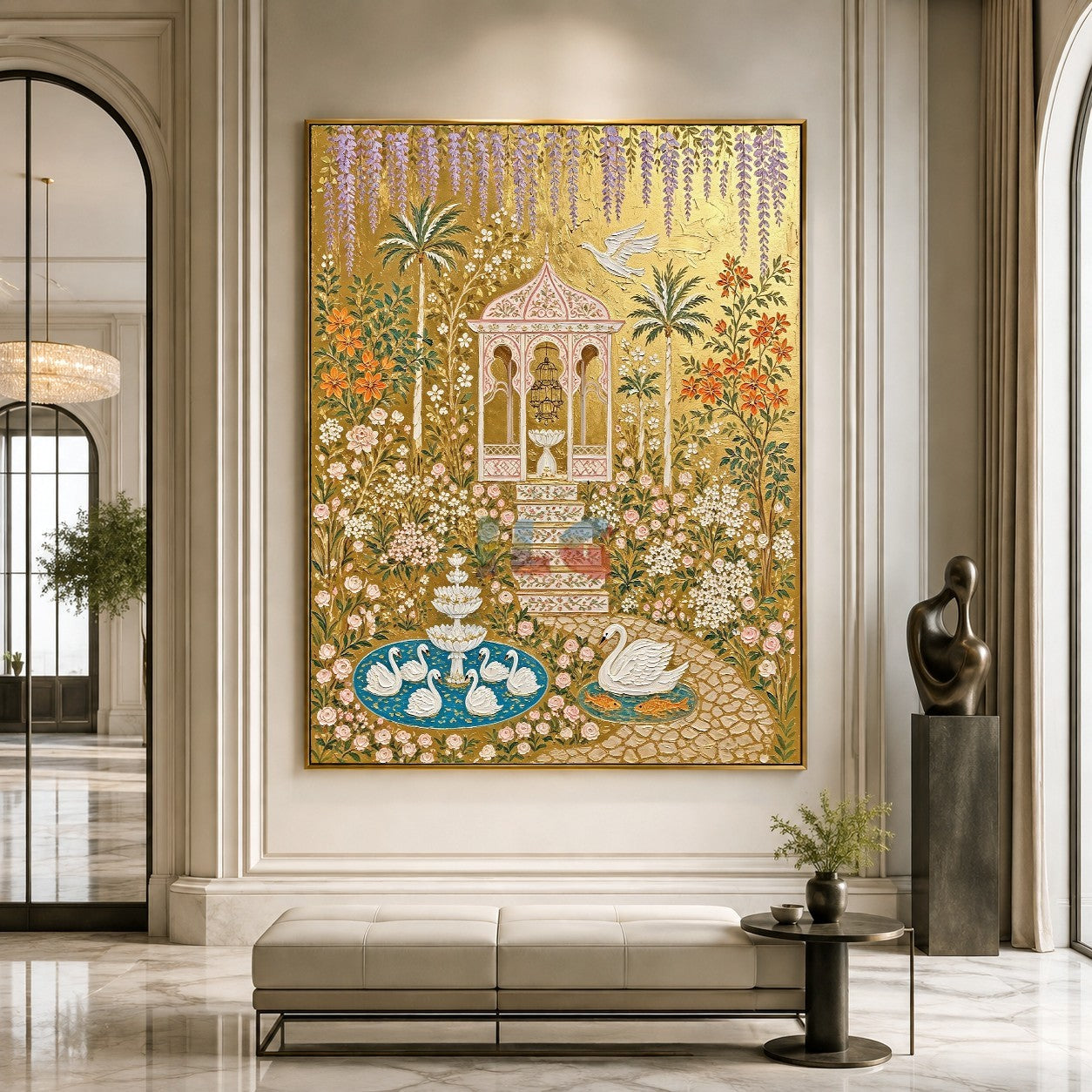 Wisteria Swan Pavilion – Ornate Gold Garden Wall Art