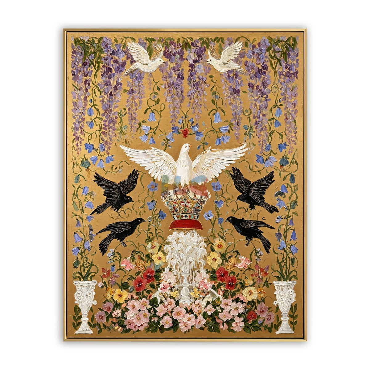 Crowned Dove Aviary – Ornate Gold Botanical Wall Art