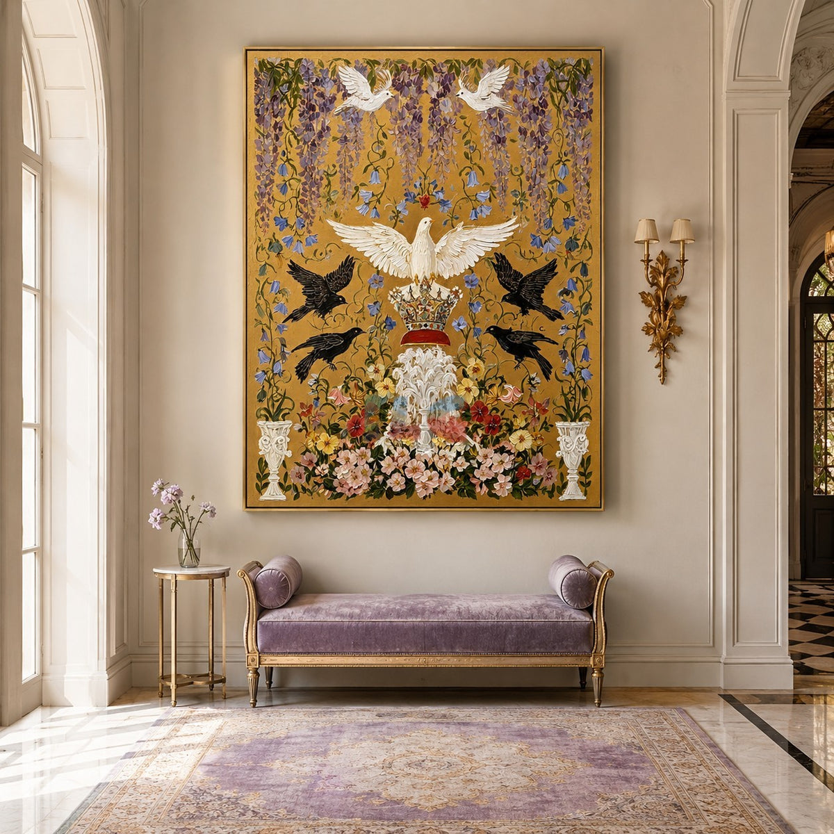Crowned Dove Aviary – Ornate Gold Botanical Wall Art