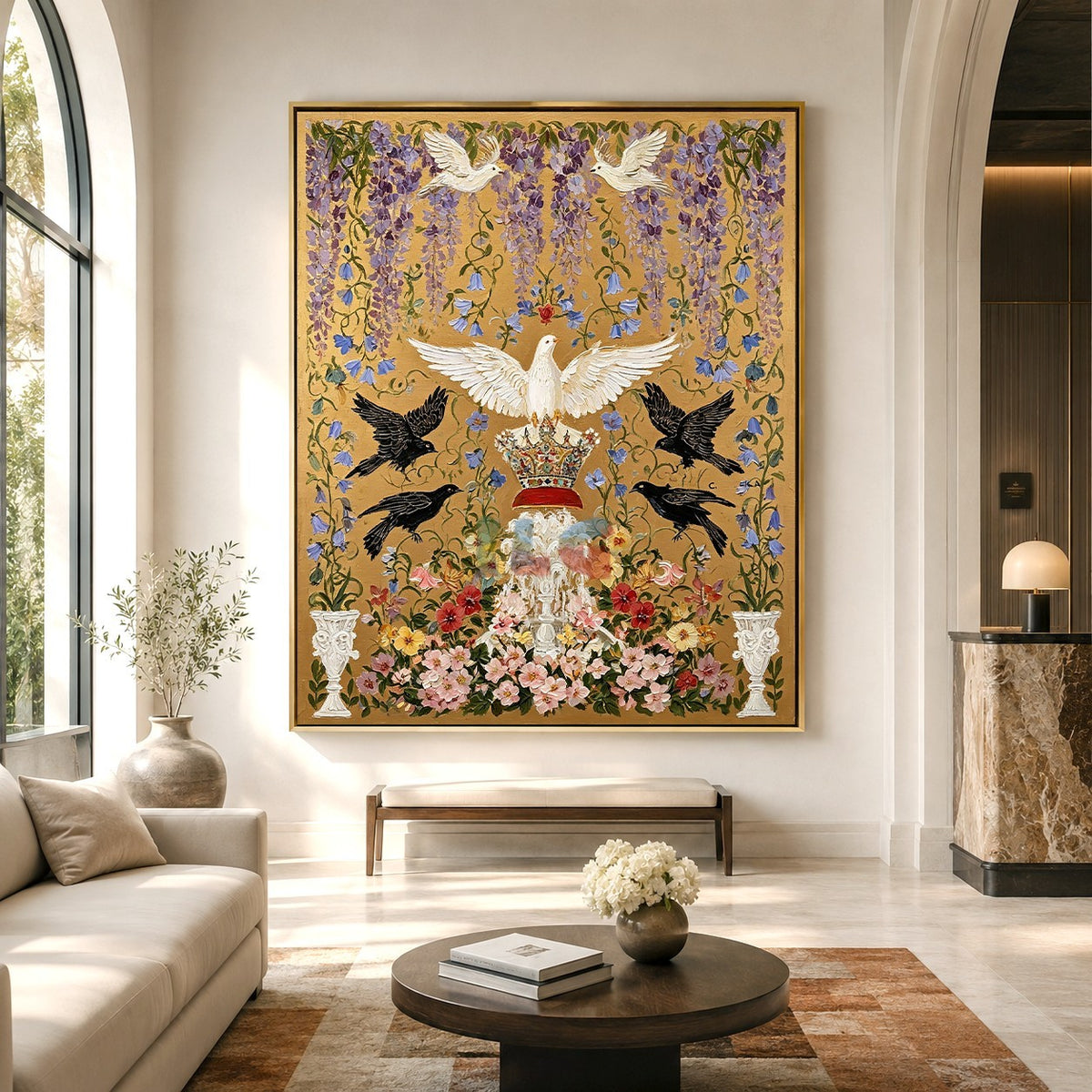 Crowned Dove Aviary – Ornate Gold Botanical Wall Art