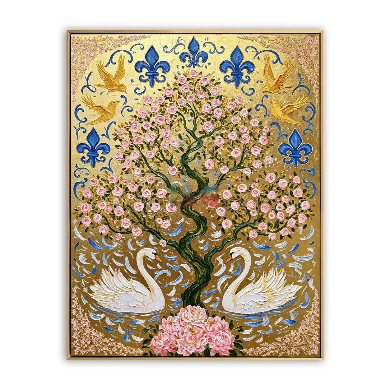 Rose Tree Swan Heraldry – Ornate Gold Botanical Wall Art