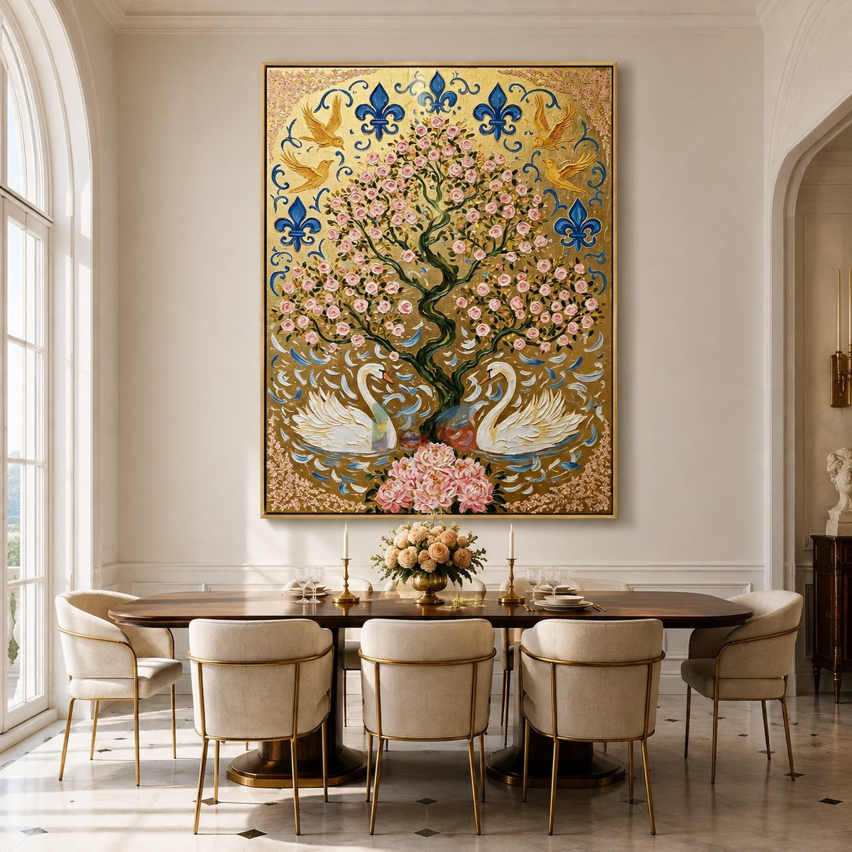 Rose Tree Swan Heraldry – Ornate Gold Botanical Wall Art