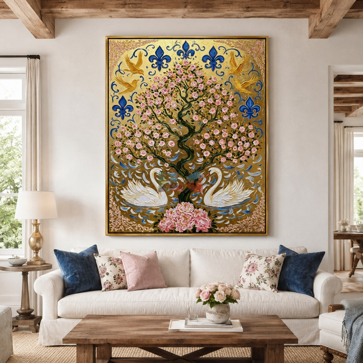 Rose Tree Swan Heraldry – Ornate Gold Botanical Wall Art