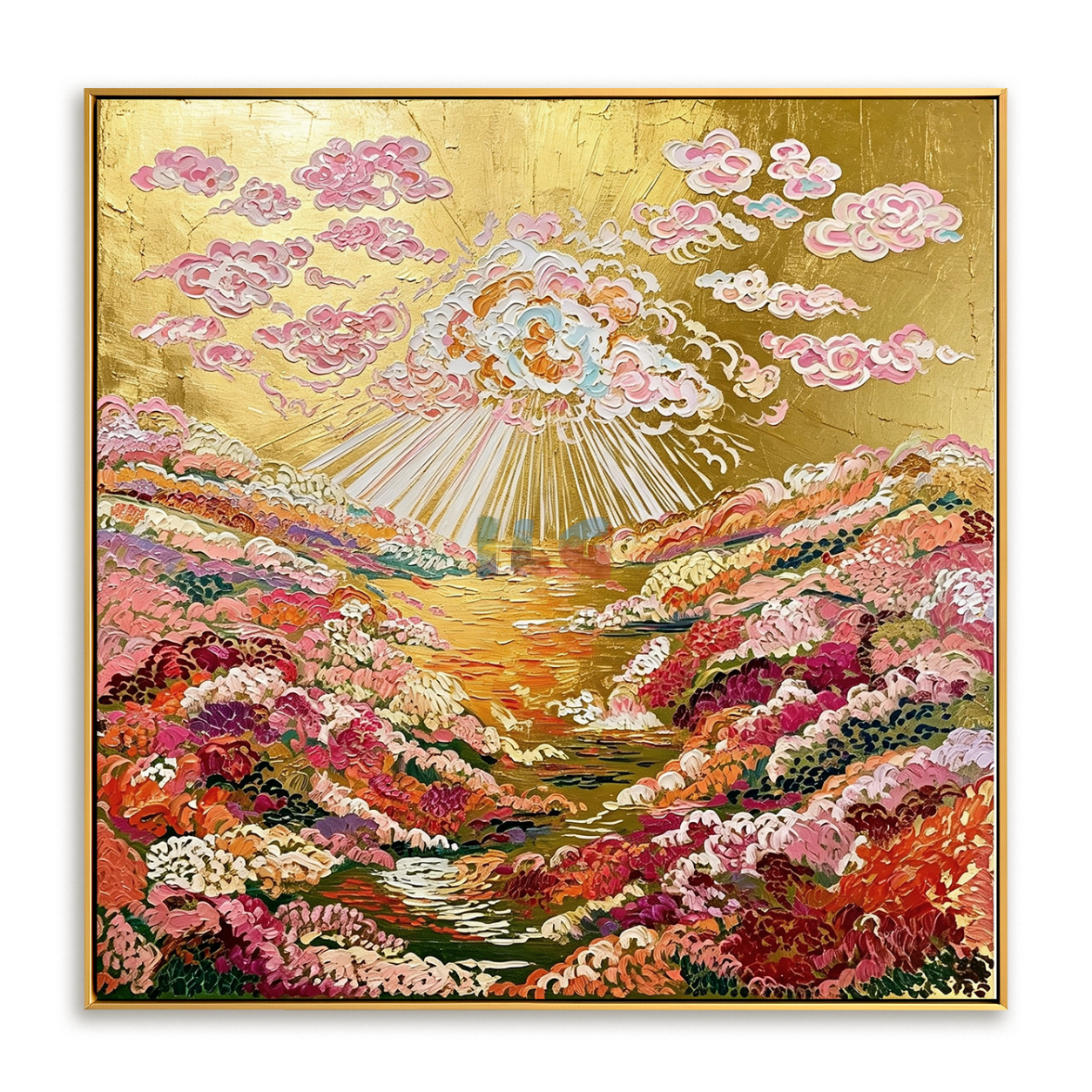 Golden Cloudburst Garden – Colorful Floral Landscape Wall Art