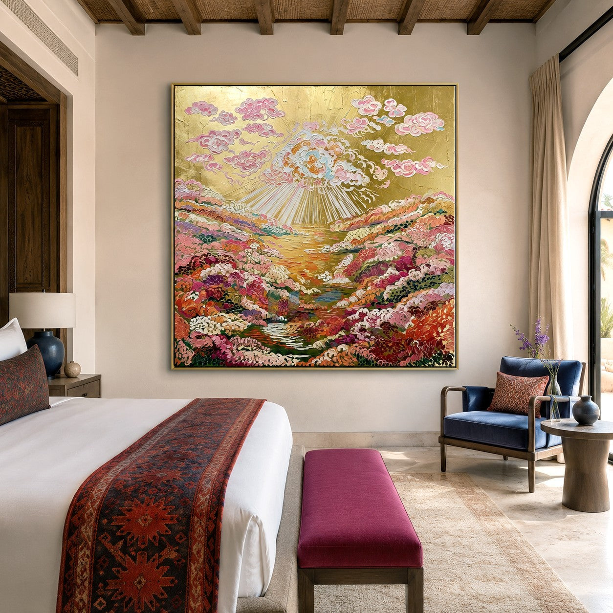 Golden Cloudburst Garden – Colorful Floral Landscape Wall Art