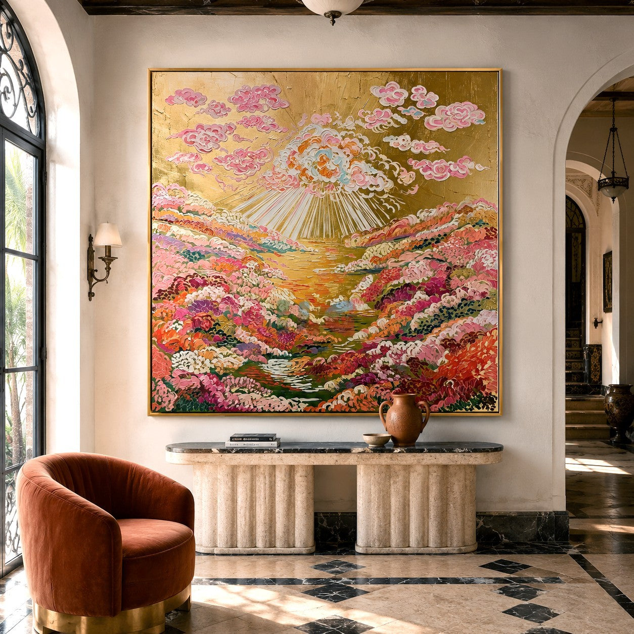 Golden Cloudburst Garden – Colorful Floral Landscape Wall Art