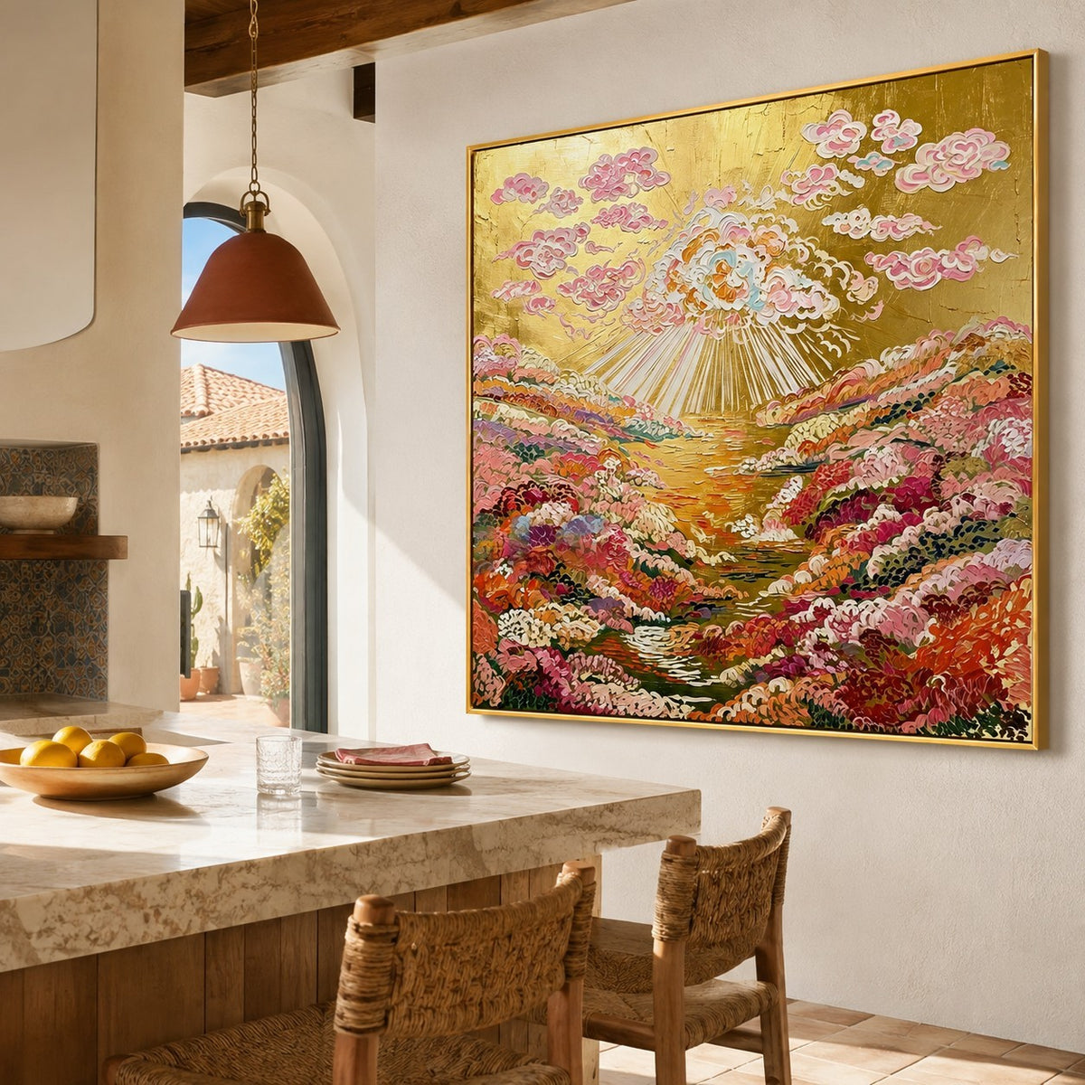 Golden Cloudburst Garden – Colorful Floral Landscape Wall Art