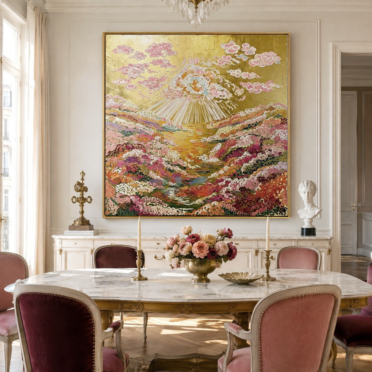 Golden Cloudburst Garden – Colorful Floral Landscape Wall Art