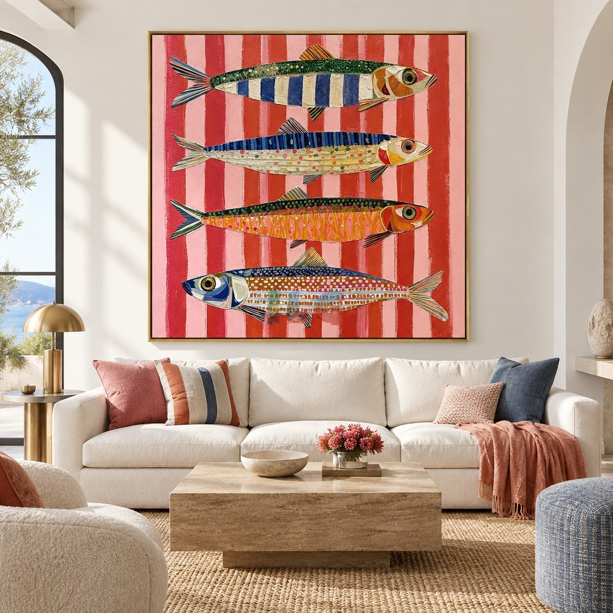 Coral Stripe Fish Quartet – Coastal Abstract Wall Art