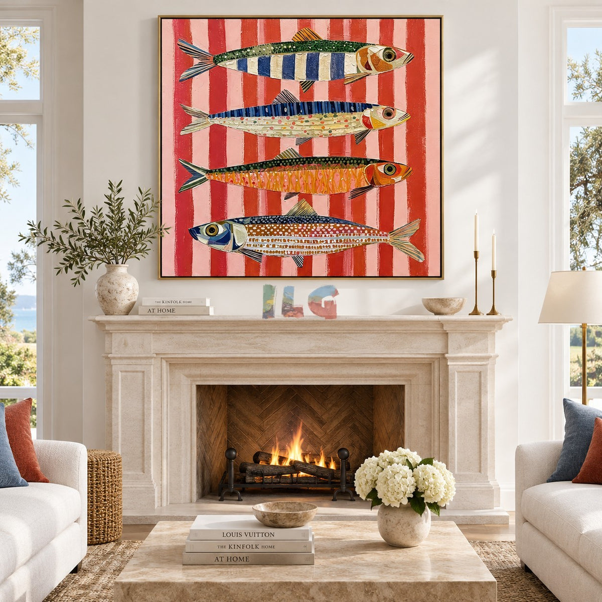 Coral Stripe Fish Quartet – Coastal Abstract Wall Art