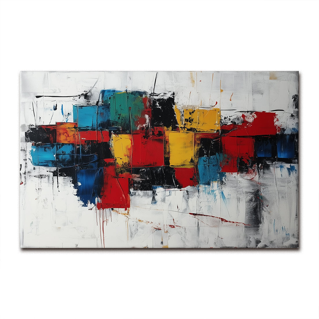 Colorful Abstract Oil Painting: Geometric Blocks in Red, Yellow, Blue
