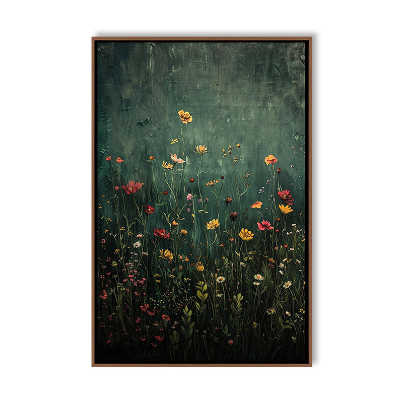 Colorful Wildflowers Oil Painting on Dark Green Background - Nature Floral Wall Art for Home Decoration