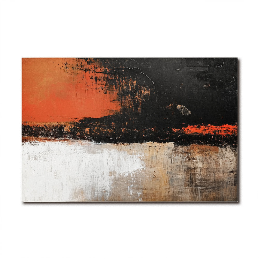 Bold abstract canvas painting with black, orange, and white textured layers, modern wall art for living room or office decor.