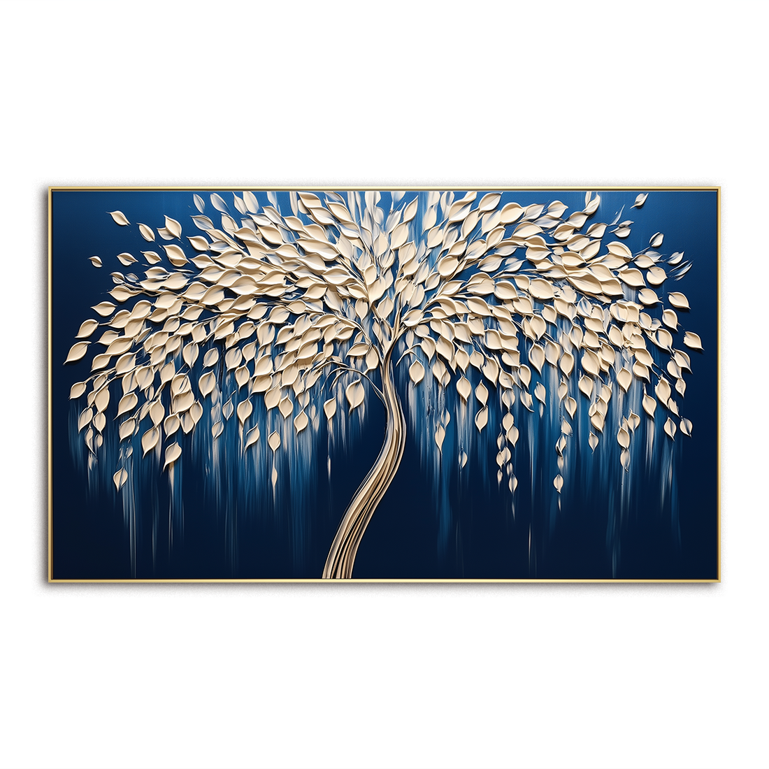 Modern 3D Textured Tree Wall Art - Handmade Golden Decor on Deep Blue ...