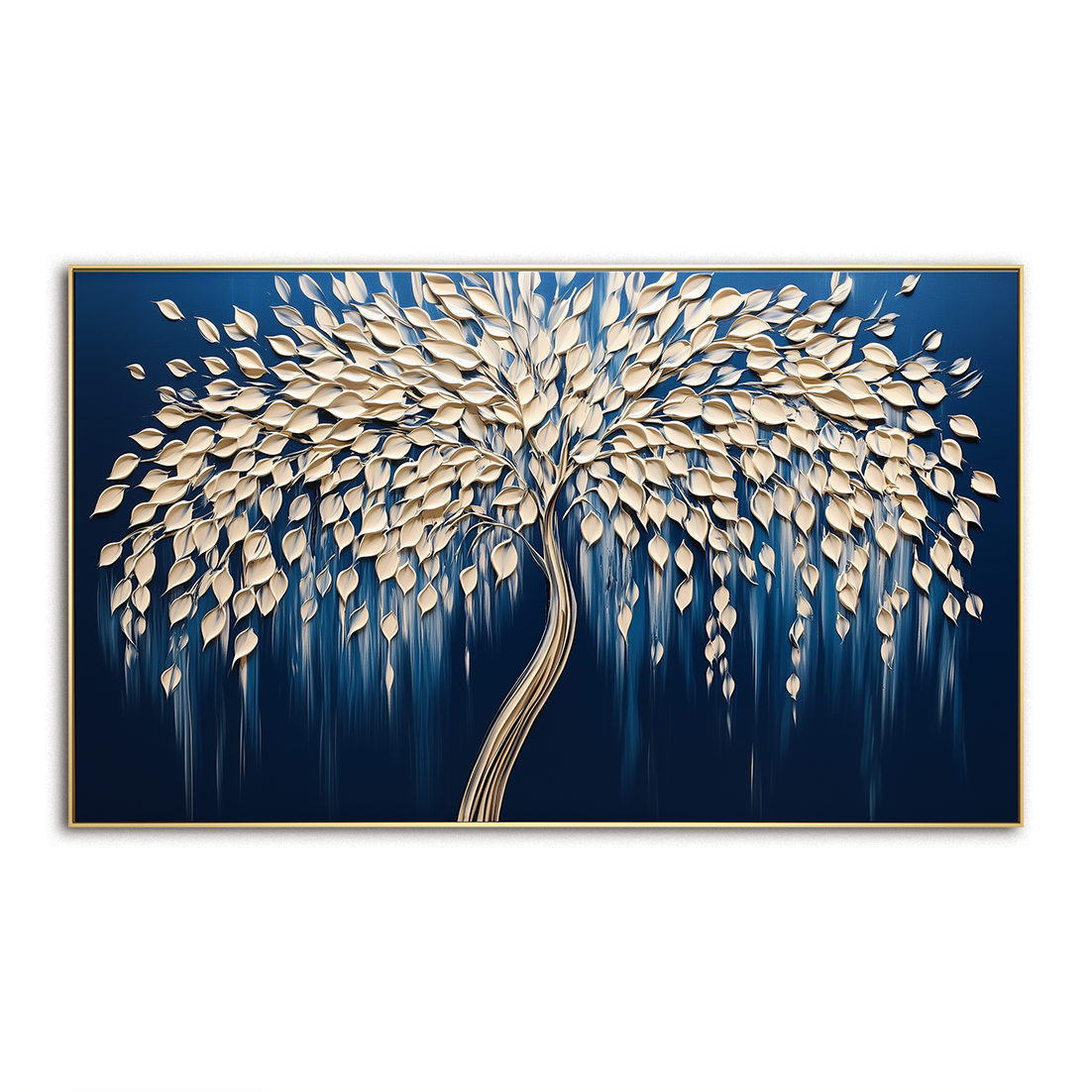 Modern 3D Textured Tree Wall Art - Handmade Golden Decor on Deep Blue - Home Decor