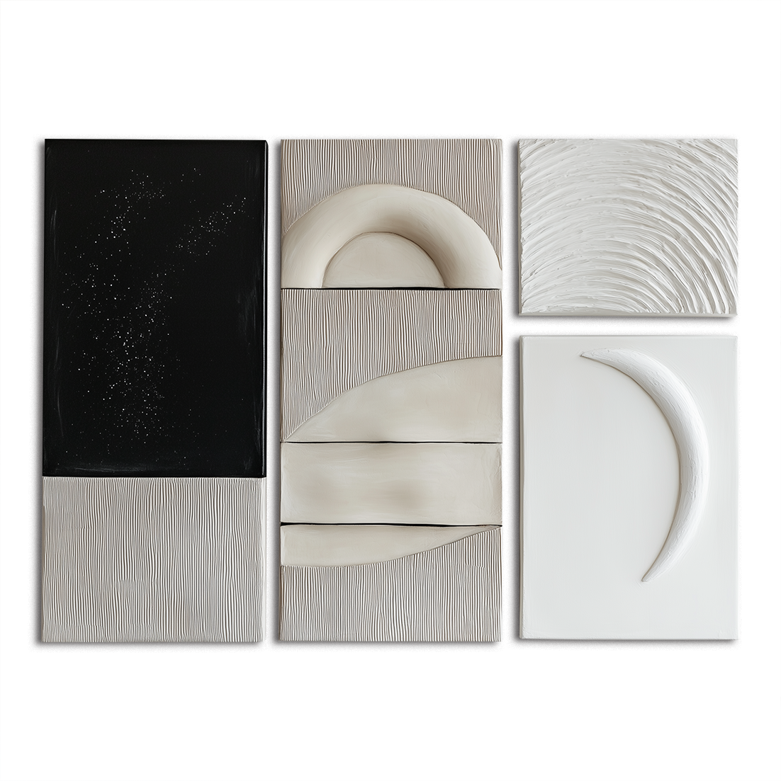 Modern Abstract Multi - Panel Wall Art Set - Textured Geometric & Curved Shapes in Neutral Tones for Home Decor