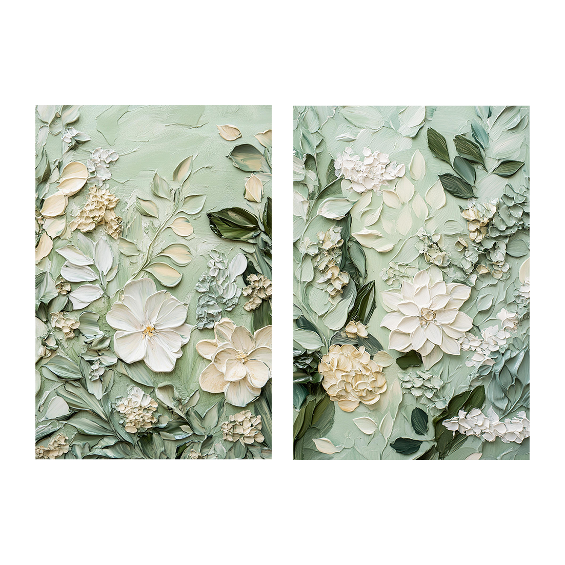 Soft Green Floral Diptych Oil Paintings with Impasto Texture, Set of 2 Botanical Wall Art for Home Decor