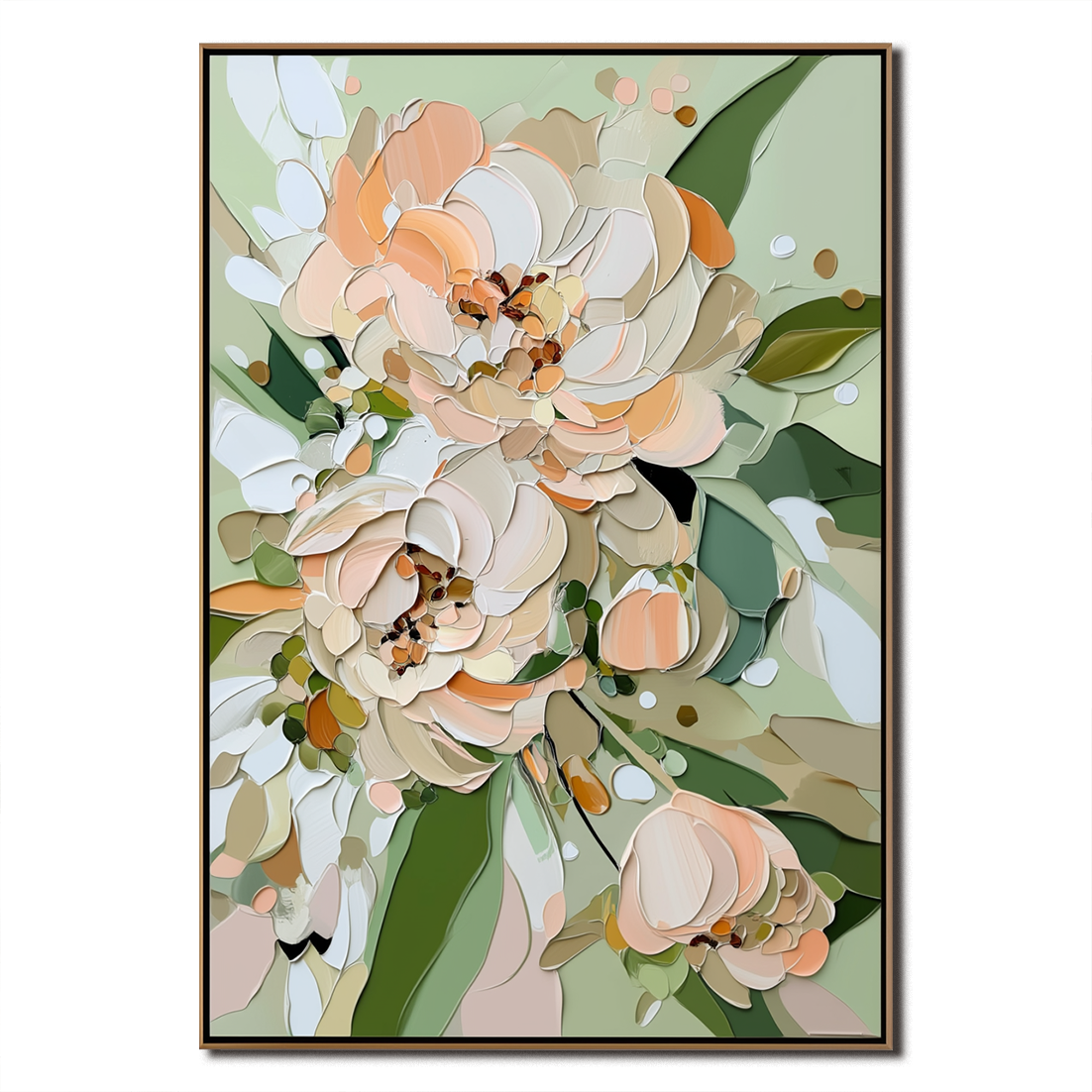 Soft Peach & Mint Green Peony Painting - Framed Modern Floral Wall Art