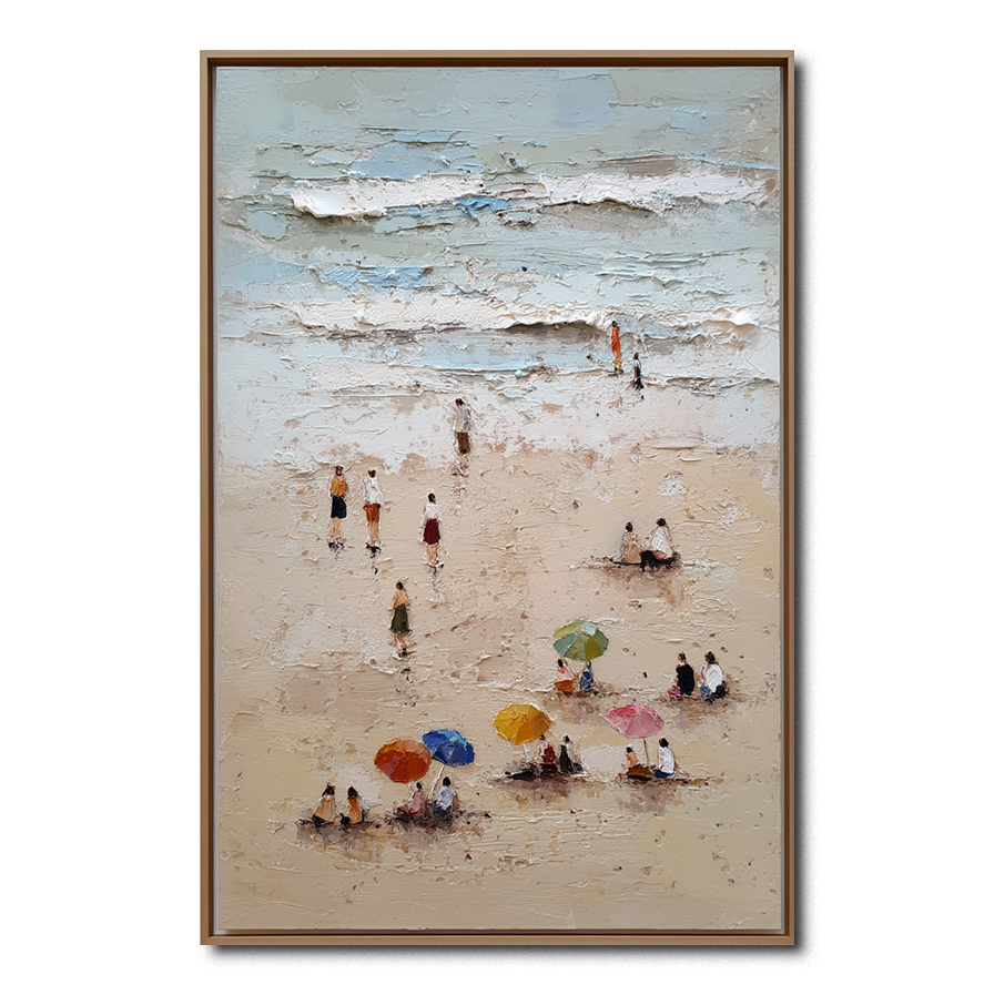 Textured Beach Scene Oil Painting with Figures and Colorful Umbrellas - Coastal Summer Wall Art for Home Decor