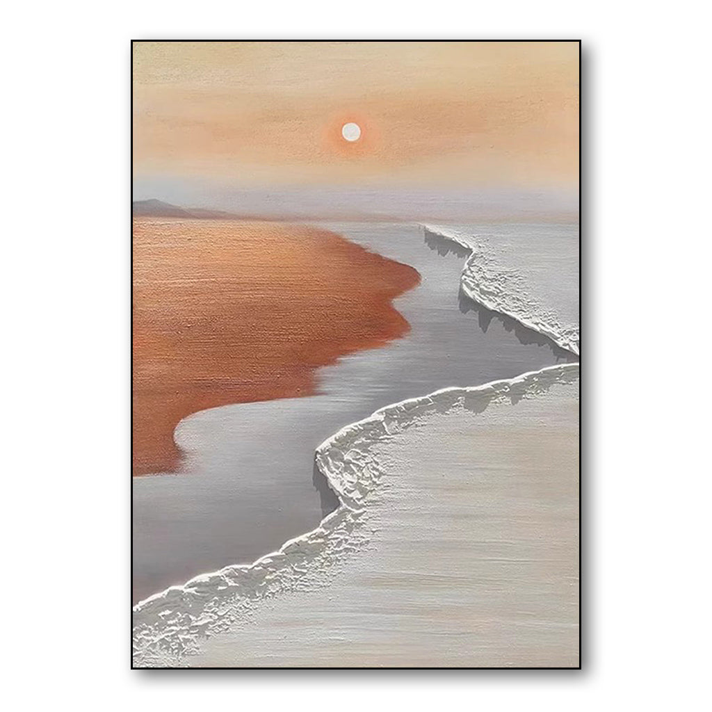Textured Coastal Sunset Oil Painting - Neutral - Toned Seaside Landscape with 3D Wave Detailing for Home Deco