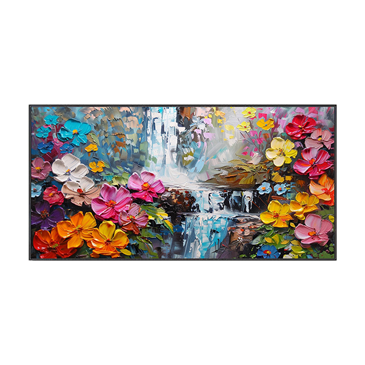 Textured Oil Painting - Colorful Floral Waterfall Landscape Art for Home Wall Decor