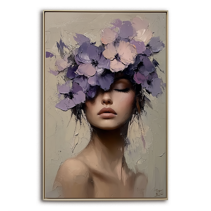Textured Oil Painting of Woman with Purple Floral Headpiece | Feminine ...