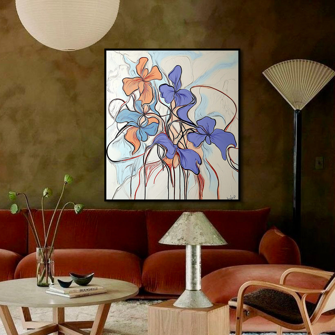 Vertical Abstract Floral Painting for Modern Elegant Decor