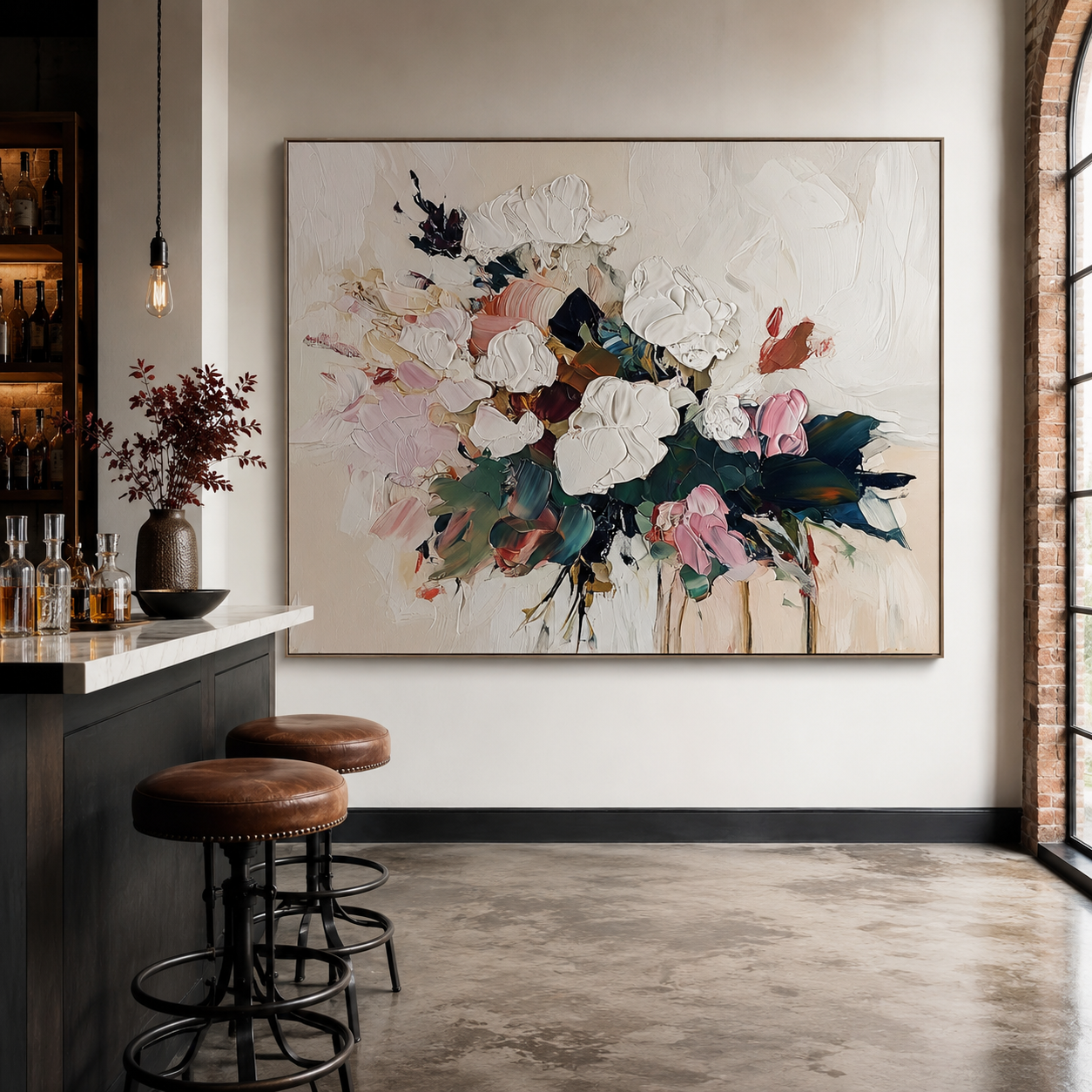 Petals in Motion-Textured Floral Oil Painting , Abstract White & Pink Flower Artwork for Home Decor