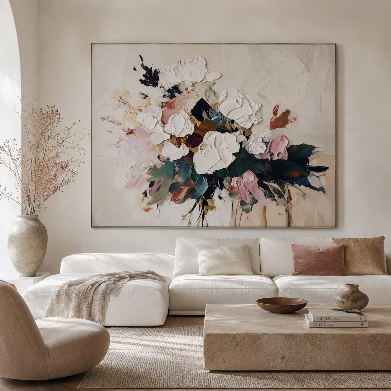 Petals in Motion-Textured Floral Oil Painting , Abstract White & Pink Flower Artwork for Home Decor